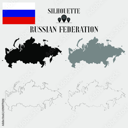 Russia or Russian Federation outline world map  solid  dash line contour silhouette  national flag vector illustration design  isolated on background  objects  element  symbol from countries set
