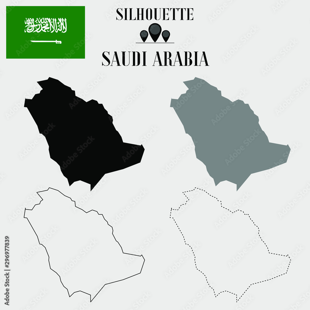 Saudi Arabia  outline world map, solid, dash line contour silhouette, national flag vector illustration design, isolated on background, objects, element, symbol from countries set