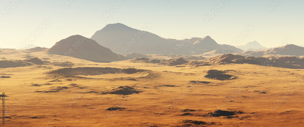 Detailed panoramic view of the Martian landscape. Mars dust storm. Detailed panoramic view of the Martian landscape. Mars dust storm.