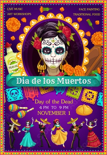 Day of Dead Catrina, dancing skeletons, marigolds