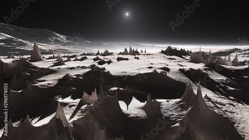 View of Pluto’s mountains and icy plains photo