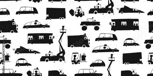 Baby toy cars collection, black silhouettes. Seamless pattern for fabric design