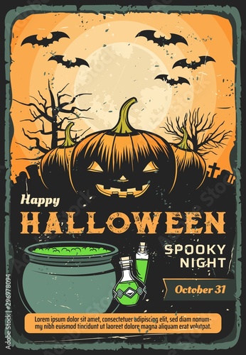 Halloween pumpkins with witch potion on graveyard