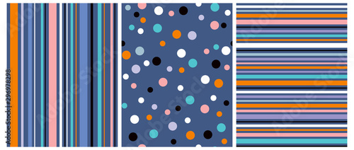 3 Abstract Vector Seamless Prints. Orange, White, Blue and Black Dots Isolated on a Dark Blue Background. Colorful Horizontal Stripes on a Navy Blue. Multicolor Vertical Lines Isolated on a Blue.