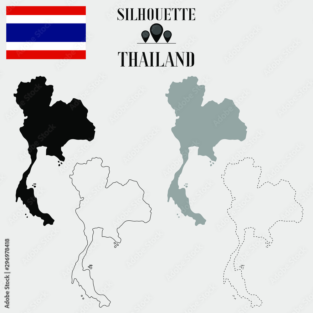 Obraz premium Thailand outline world map, solid, dash line contour silhouette, national flag vector illustration design, isolated on background, objects, element, symbol from countries set