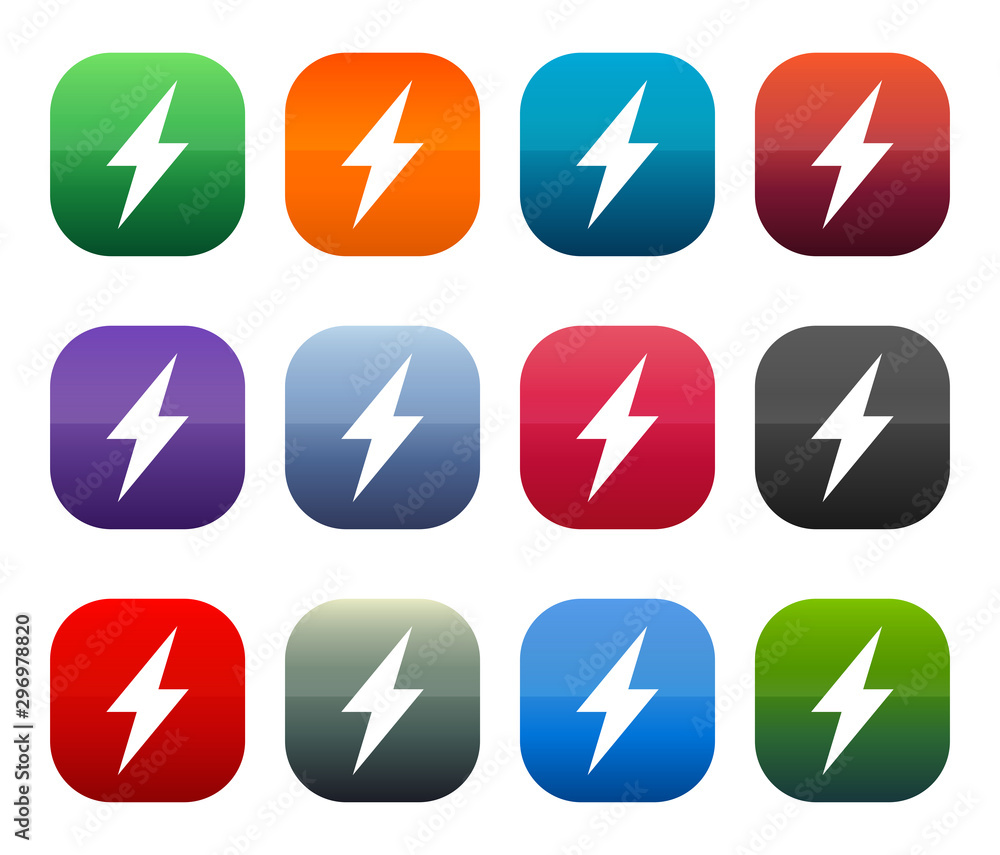 Electric bolt icon shiny square buttons set illustration design Electric bolt icon shiny square buttons set illustration design