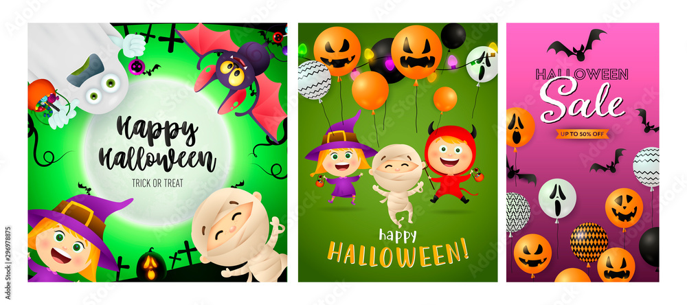 Happy Halloween green, pink banner collection with monsters