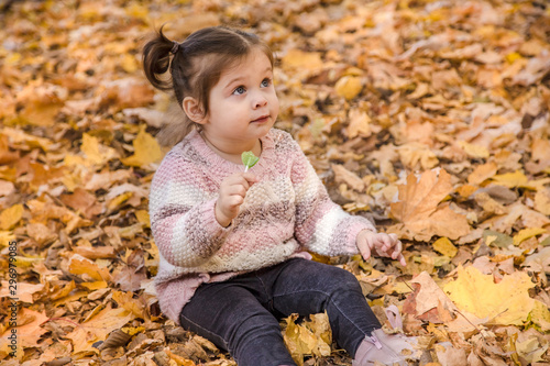 Portrait of a little girl in the autumn forest.