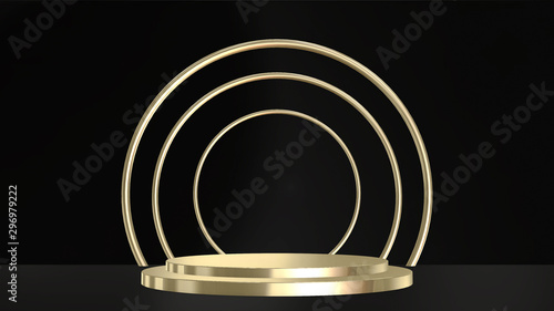 3D pedestals, base, stage. Minimal background image of circular and spherical in gold, black and silver colors.