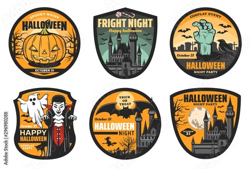 Halloween pumpkin, ghost, bat and vampire badges