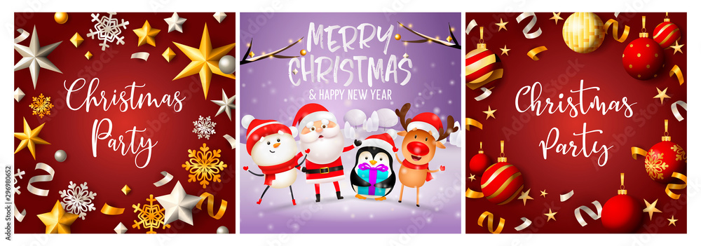 Naklejka premium Christmas party red, violet banner set with Santa