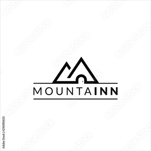 simple playful emblem in shape of mountain and inn text for hostel logo design inspiration