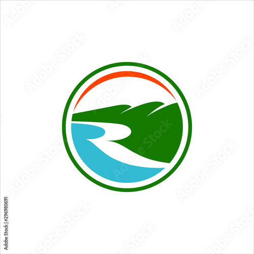 simple green modern round hill with river for aerial logo design template 