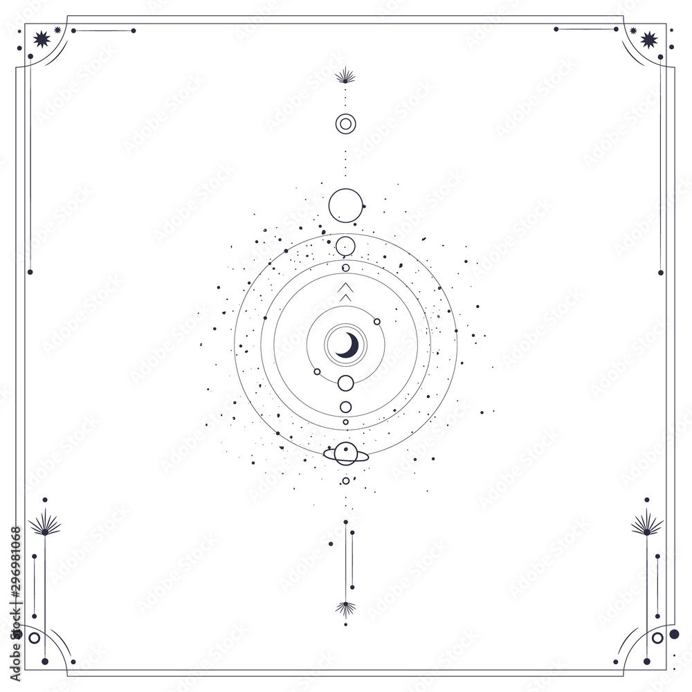 Vector illustration set of moon phases. Different stages of moonlight activity in vintage engraving style. Zodiac Signs