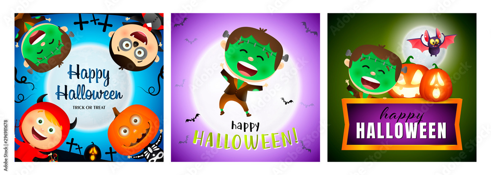 Halloween party banner set with Frankenstein, devil, vampire