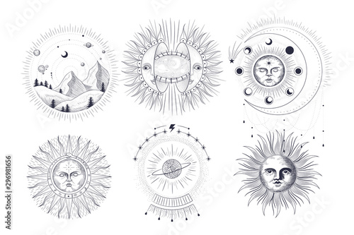 Vector illustration set of moon phases. Different stages of moonlight activity in vintage engraving style. Zodiac Signs