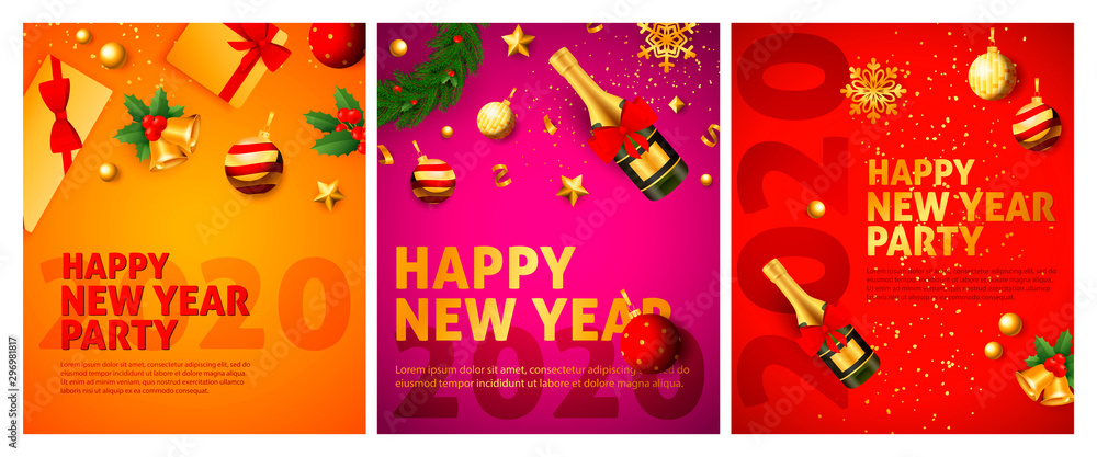 Naklejka premium Happy New Year orange, pink, red banner set with champagne