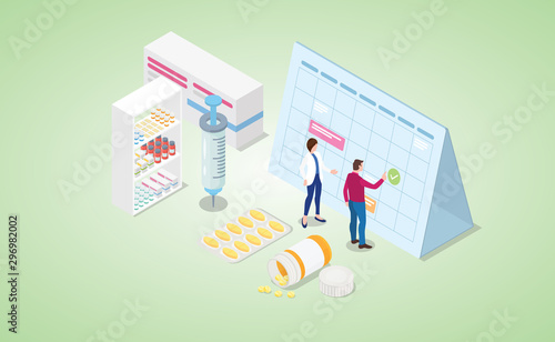 vaccination time mark calendar with various syringe and medical drug pills with isometric modern flat style - vector