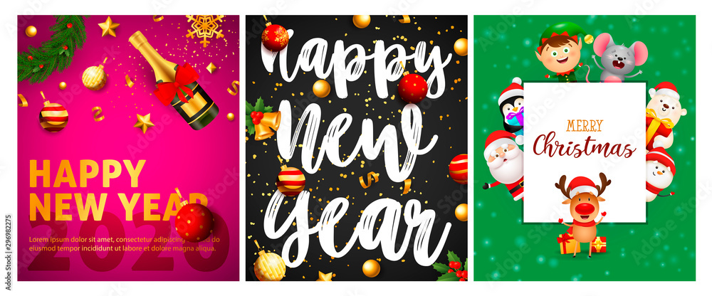Happy New Year pink, black banner set with baubles, animals Happy New Year pink, black banner set with baubles, animals