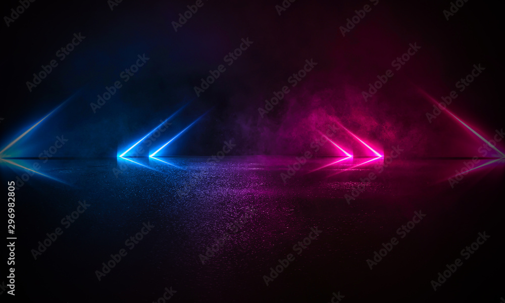 Empty background scene. Dark street reflection on wet asphalt. Rays of neon light in the dark, neon figures, smoke. Background of empty stage show. Abstract dark background. Empty background scene. Dark street reflection on wet asphalt. Rays of neon light in the dark, neon figures, smoke. Background of empty stage show. Abstract dark background.