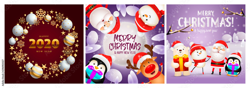 Merry Christmas red, violet banner set with Santa