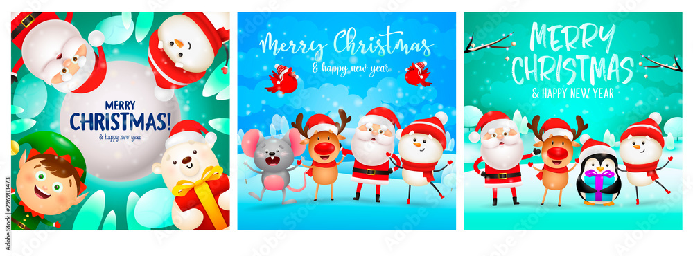 Merry Christmas blue, green banner set with animals, Santa