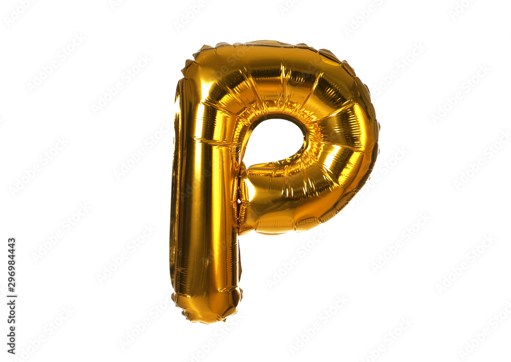Golden letter P balloon on white background