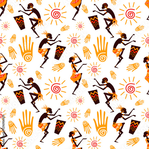 African People Characters Dancing Seamless Pattern