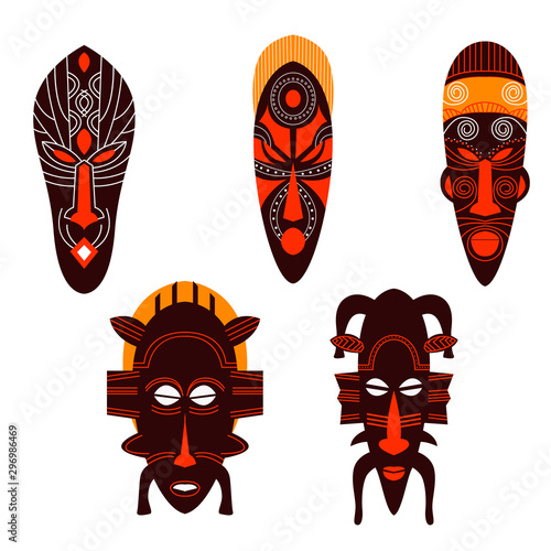 African Ethnic Tribal Masks Isolated On White Background photo