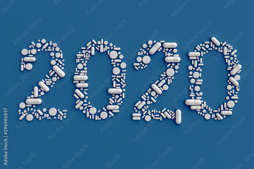 A pattern of many pills scattered on a blue background in the form of figures 2020. 3D illustration A pattern of many pills scattered on a blue background in the form of figures 2020. 3D illustration