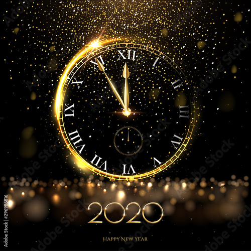 Golden 2020 number with big watch vector illustration