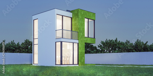 View the exterior of a modern small house with a facade finish of hexagonal ceramic panels in the evening. 3D illustration