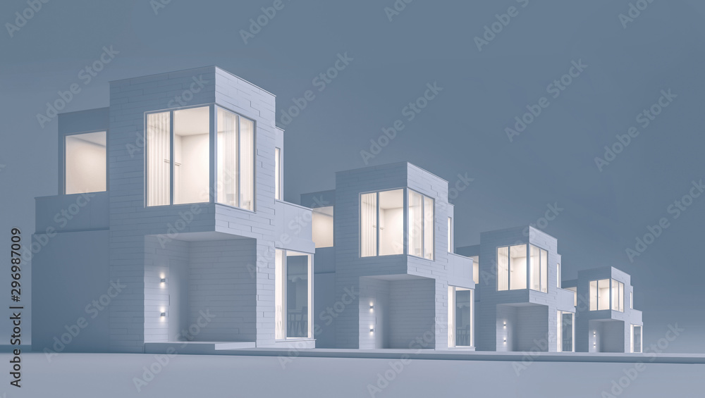 View exterior layout of a modern small house facade trim of rectangular boards in the evening light. 3D illustration