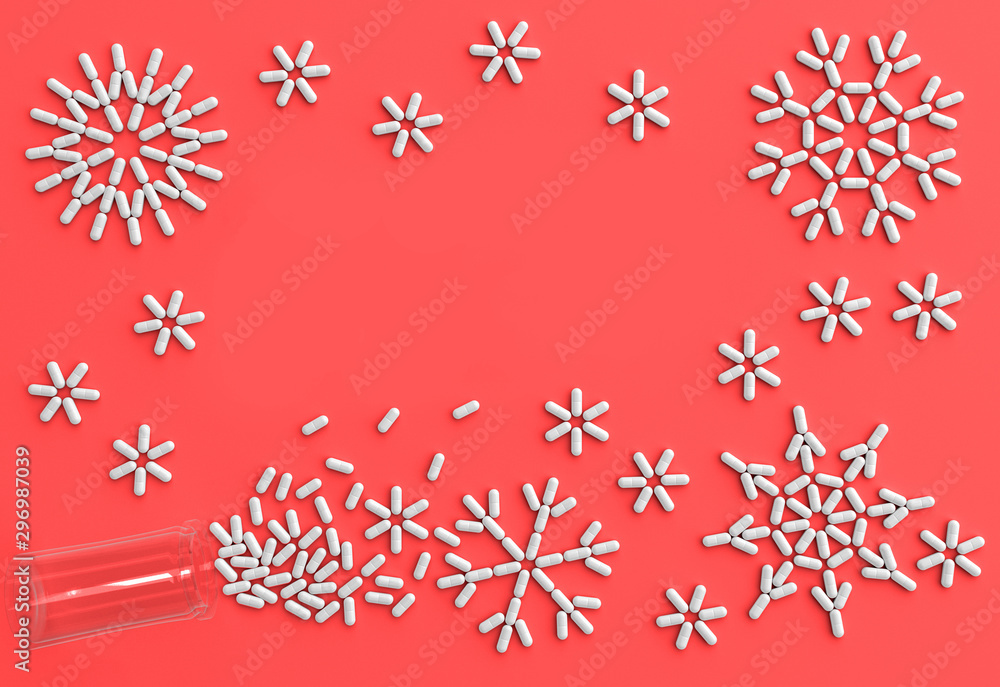 A lot of pills scattered on a blue background in the form of snowflakes . 3D illustration A lot of pills scattered on a blue background in the form of snowflakes . 3D illustration