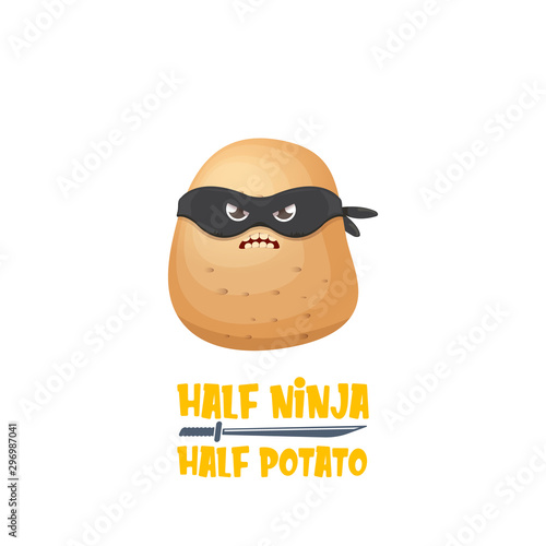 Half ninja half potato character with black super hero mask. super ninja kawaii vegetable food character for printing on tee