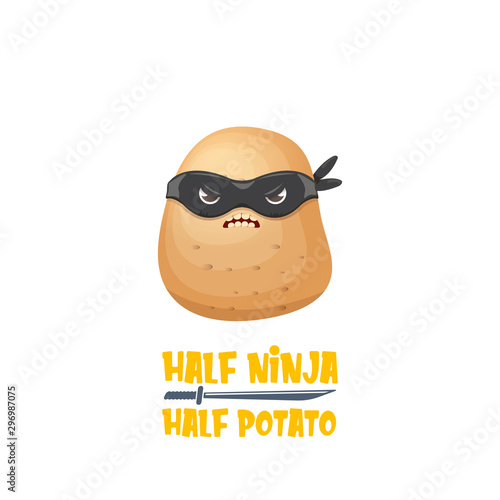 Half ninja half potato character with black super hero mask. super ninja kawaii vegetable food character for printing on tee