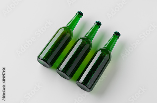 Green longneck beer bottle mockup. Three bottles.