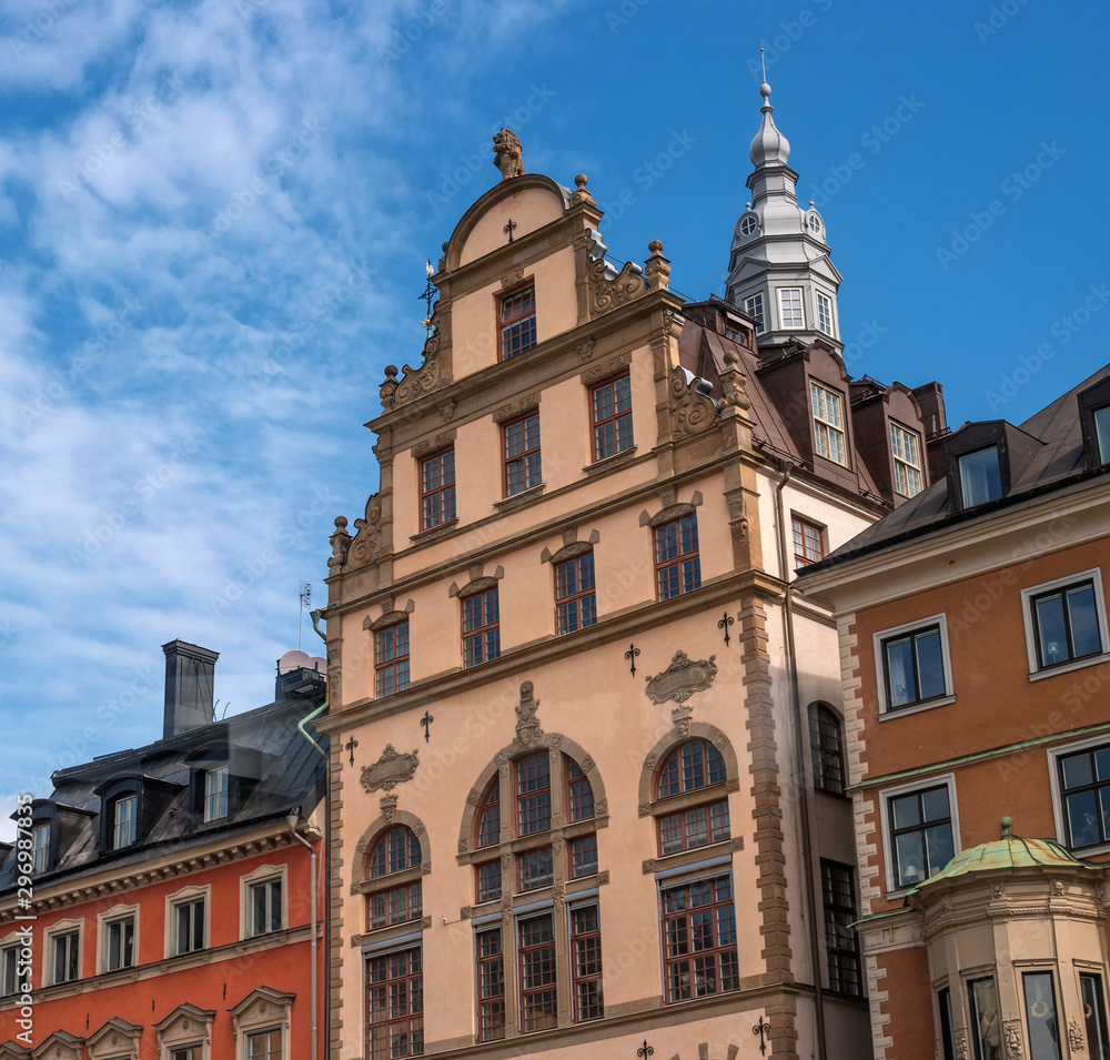 Sweden, Stockholm, on an old street in Gamlastan. Fragment of the facade of an old house. The medieval Swedish capital