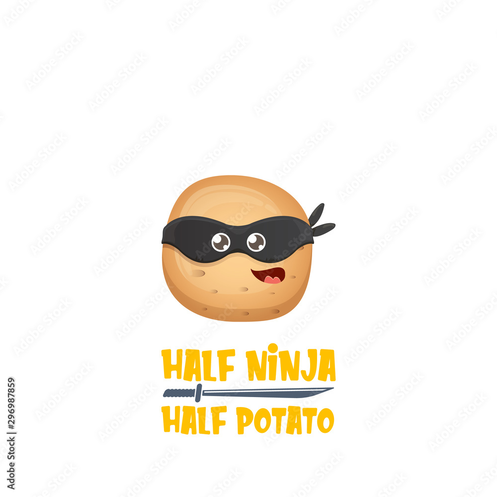 Half ninja half potato character with black super hero mask. super ninja kawaii vegetable food character for printing on tee Half ninja half potato character with black super hero mask. super ninja kawaii vegetable food character for printing on tee