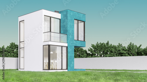 View the exterior of a modern small house with a facade finish of hexagonal ceramic panels in the afternoon. 3D illustration
