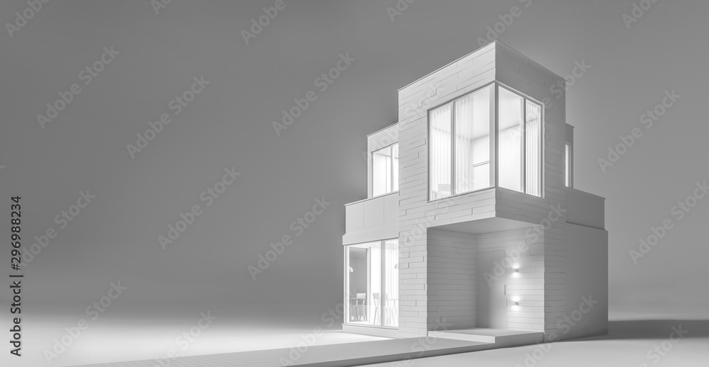 View Exterior Layout Of A Modern Small House C Facade Trim Of Rectangular  Boards In The Evening Light. 3D Illustration Stock Illustration | Adobe  Stock