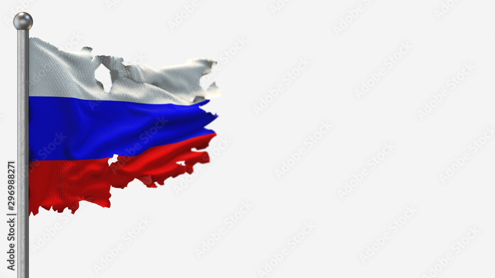 Russia 3D tattered waving flag illustration on Flagpole. Isolated on white background with space on the right side. Russia 3D tattered waving flag illustration on Flagpole. Isolated on white background with space on the right side.