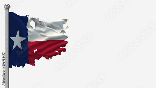 Texas 3D tattered waving flag illustration on Flagpole. Isolated on white background with space on the right side.