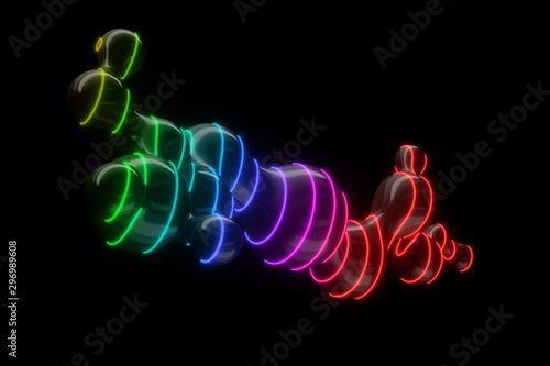 Futuristic background of spreading of a spherical liquid droplets dissected neon glowing lines.3D illustration.