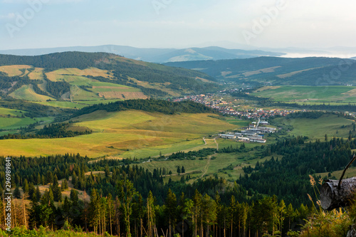 View from the mountains to the town located in the valley in Slovakia.