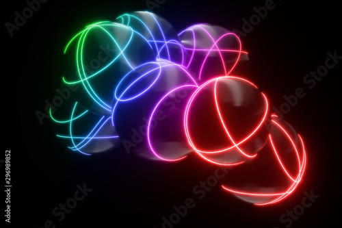 Lots of flying and separating drops on a black background with neon lighting 3D illustration