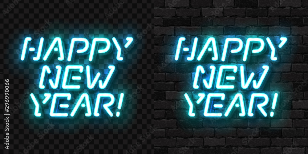 Vector realistic isolated neon sign of Happy New Year logo for template decoration and invitation covering on the wall and transparent background. Concept of Merry Christmas. Vector realistic isolated neon sign of Happy New Year logo for template decoration and invitation covering on the wall and transparent background. Concept of Merry Christmas.