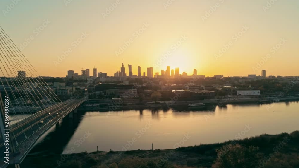 Aerial Panoramic View of Warsaw Cityscape, capital of Poland (Warszawa, Polska). Swietokrzyski Bridge and Downtown Skyline at Sunset. 4K Panning Background Drone view Video with Copy Space Aerial Panoramic View of Warsaw Cityscape, capital of Poland (Warszawa, Polska). Swietokrzyski Bridge and Downtown Skyline at Sunset. 4K Panning Background Drone view Video with Copy Space