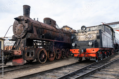 Soviet restored locomotives are in the depot and ready to depart