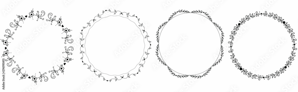 Wreath vector with flowers and leaves. Wreath ornaments illustration. Hand drawn branches with leaves. Wreath vector with flowers and leaves. Wreath ornaments illustration. Hand drawn branches with leaves.